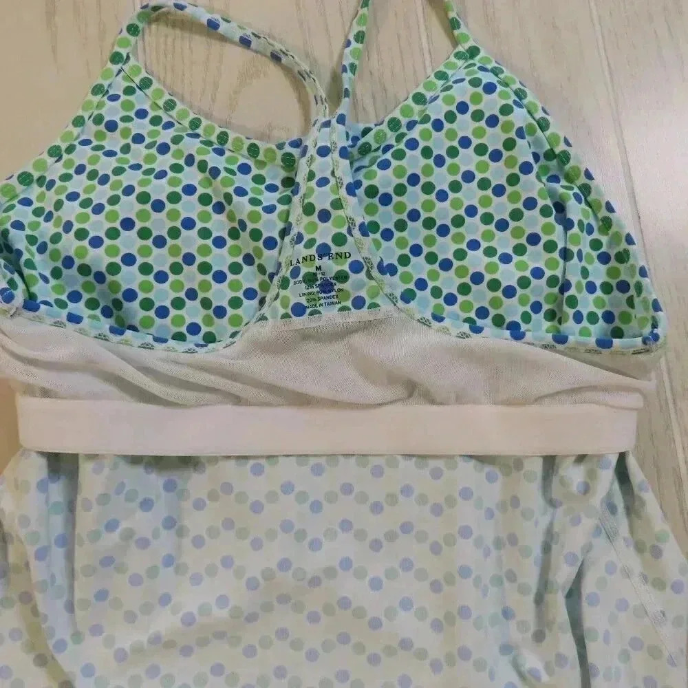 Lands End Green Blue Polka Dot Racer Back Tank Shelf Bra Size 10-12 - Picture 9 of 11